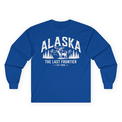 Alaska The Last Frontier Moose Mountain Wilderness Graphic Shirt — Long Sleeve Long Sleeve Shirt – Royal – Alaska Cruise Shirts