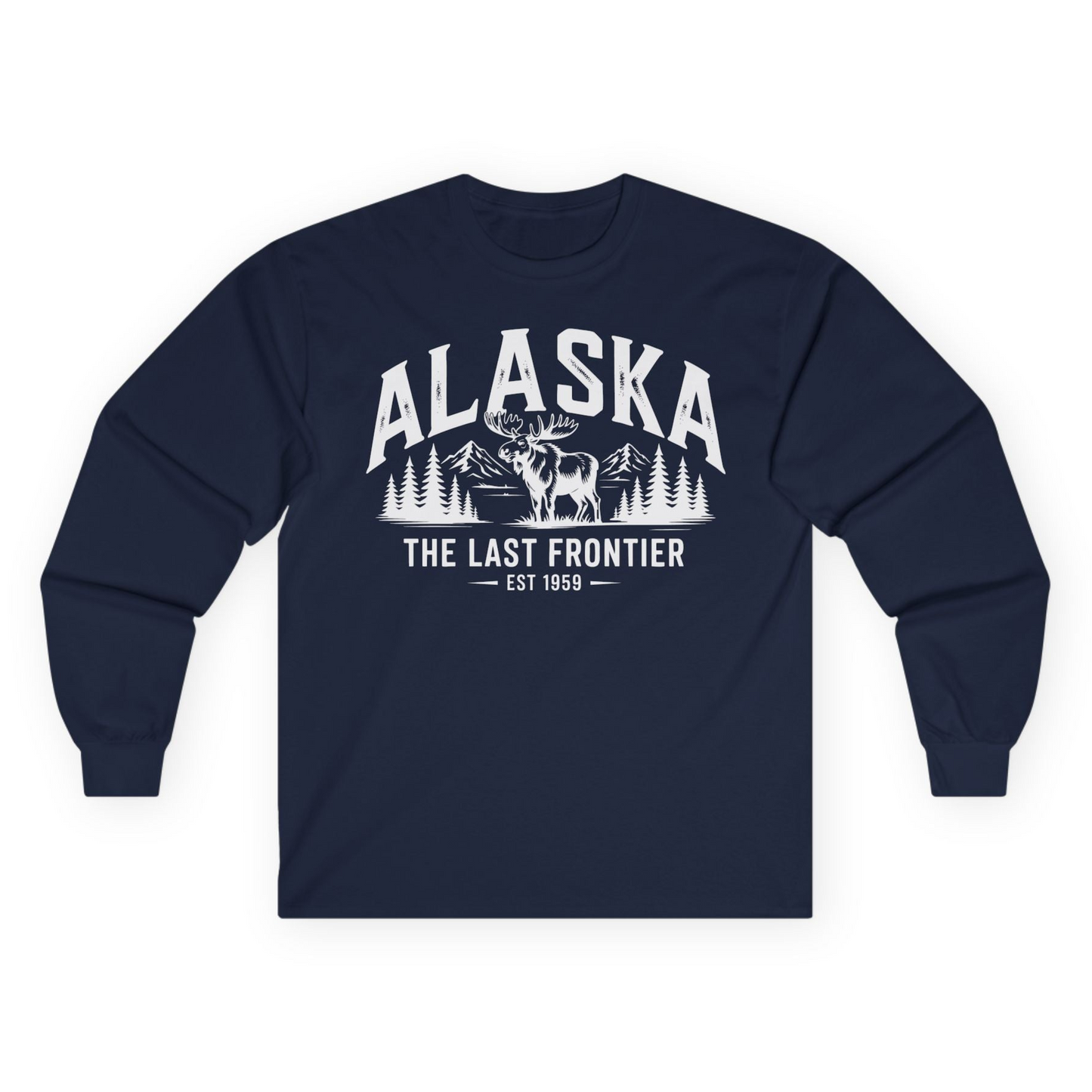 Alaska The Last Frontier Moose Mountain Wilderness Graphic Shirt — Long Sleeve Long Sleeve Shirt – Navy – Alaska Cruise Shirts