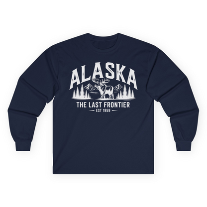 Alaska The Last Frontier Moose Mountain Wilderness Graphic Shirt — Long Sleeve Long Sleeve Shirt – Navy – Alaska Cruise Shirts