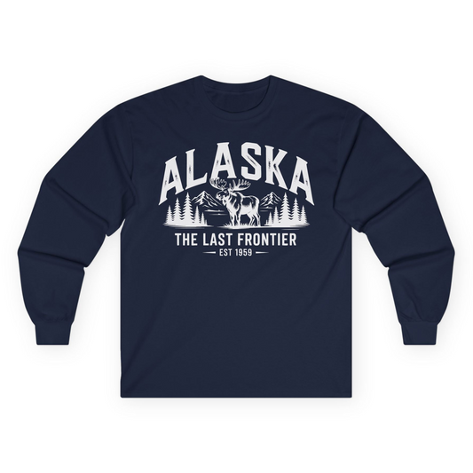 Alaska The Last Frontier Moose Mountain Wilderness Graphic Shirt — Long Sleeve Long Sleeve Shirt – Navy – Alaska Cruise Shirts
