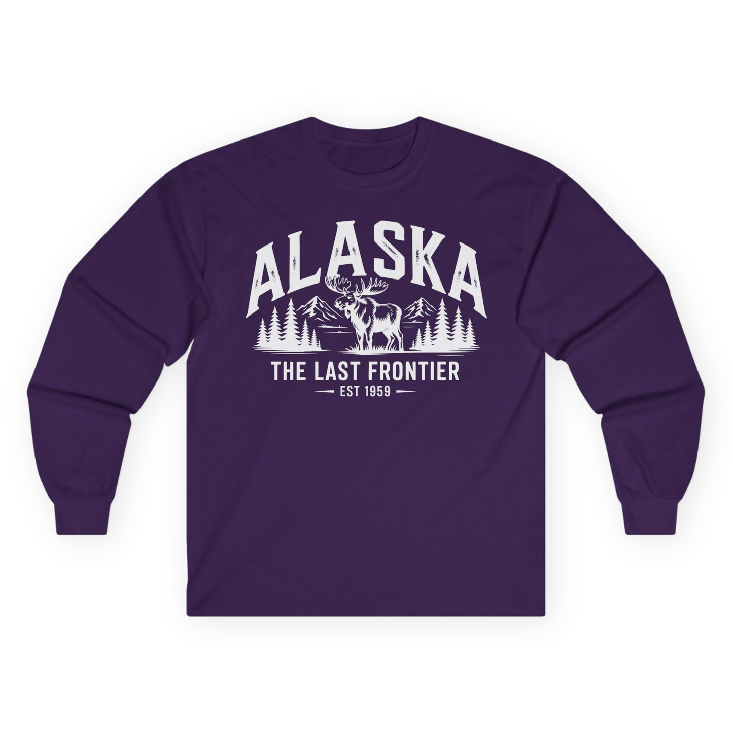 Alaska The Last Frontier Moose Mountain Wilderness Graphic Shirt — Long Sleeve Long Sleeve Shirt – Purple – Alaska Cruise Shirts