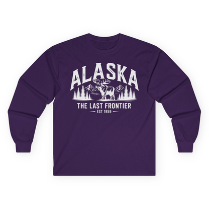 Alaska The Last Frontier Moose Mountain Wilderness Graphic Shirt — Long Sleeve Long Sleeve Shirt – Purple – Alaska Cruise Shirts