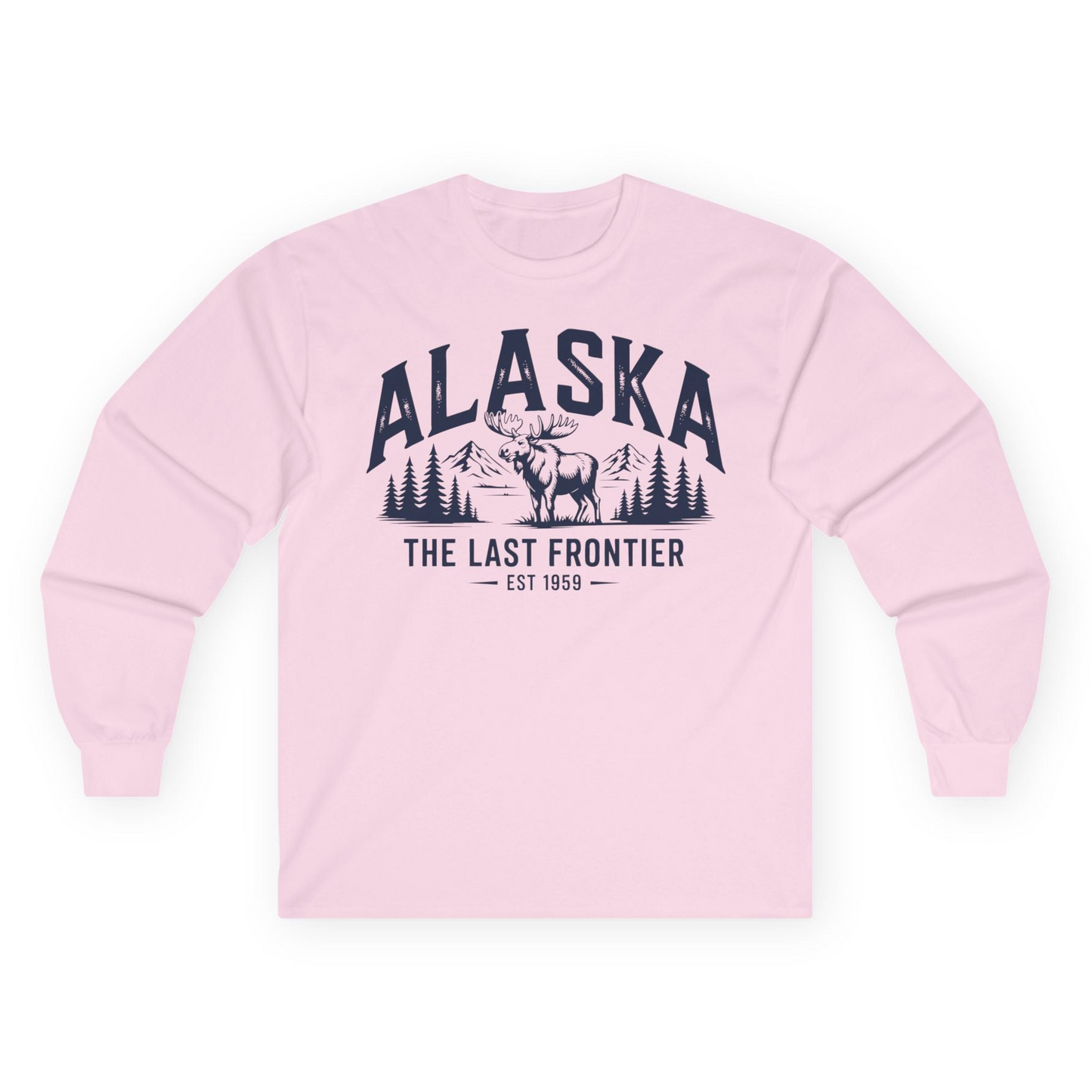 Alaska The Last Frontier Moose Mountain Wilderness Graphic Shirt — Long Sleeve Long Sleeve Shirt – Light Pink – Alaska Cruise Shirts