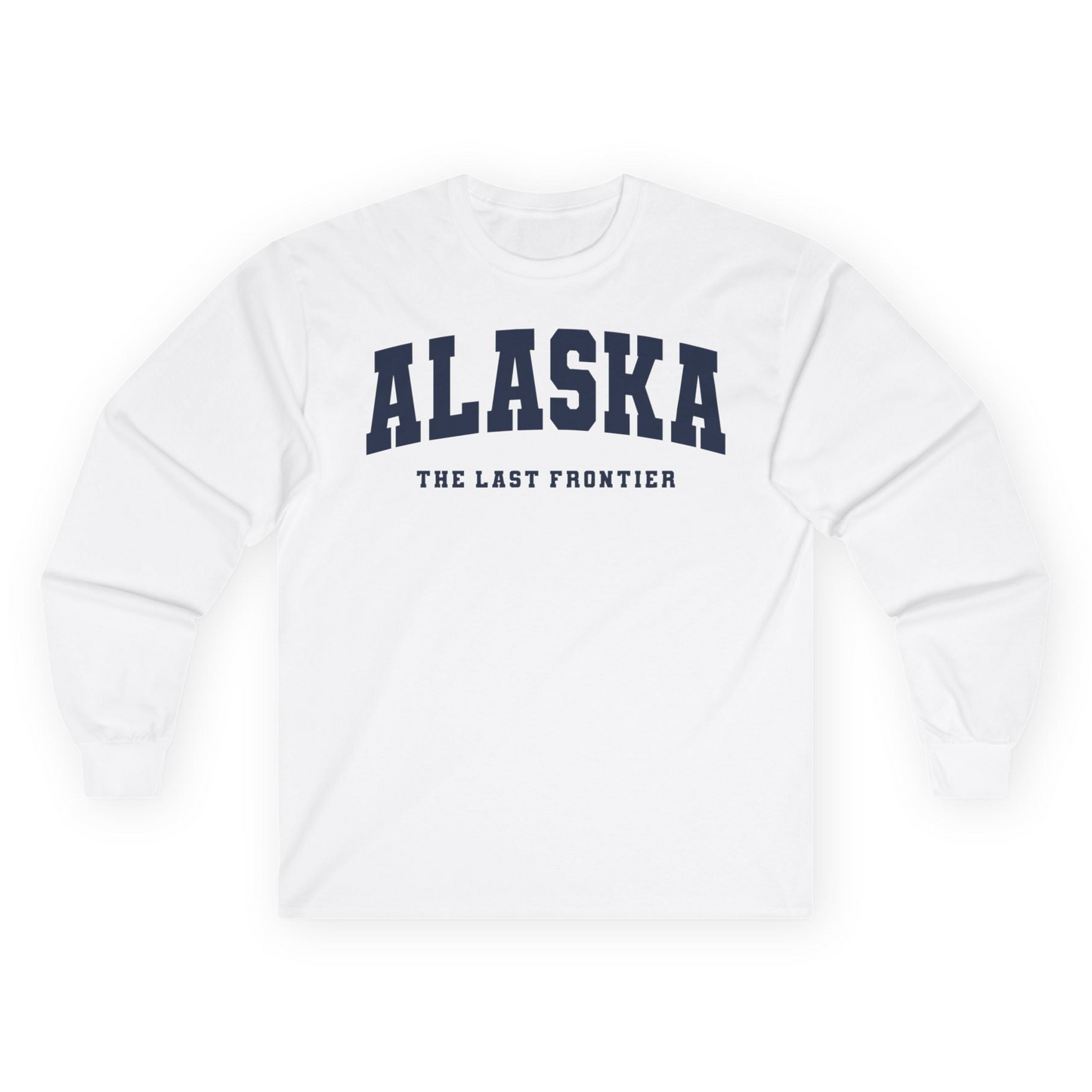 Alaska The Last Frontier Bold Collegiate Vintage State Pride Shirt — Long Sleeve Long Sleeve Shirt – White – Alaska Cruise Shirts