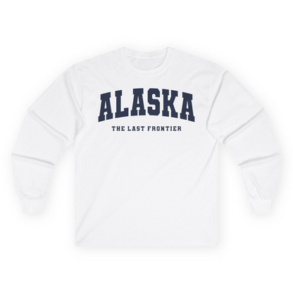 Alaska The Last Frontier Bold Collegiate Vintage State Pride Shirt — Long Sleeve Long Sleeve Shirt – White – Alaska Cruise Shirts