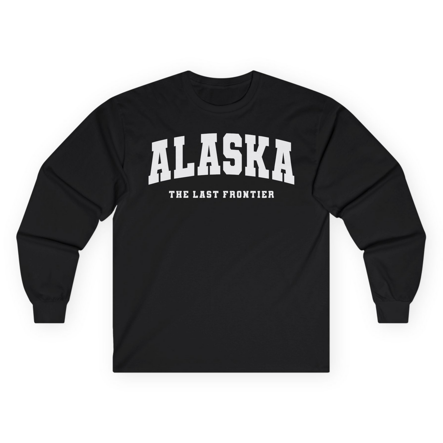 Alaska The Last Frontier Bold Collegiate Vintage State Pride Shirt — Long Sleeve Long Sleeve Shirt – Black – Alaska Cruise Shirts