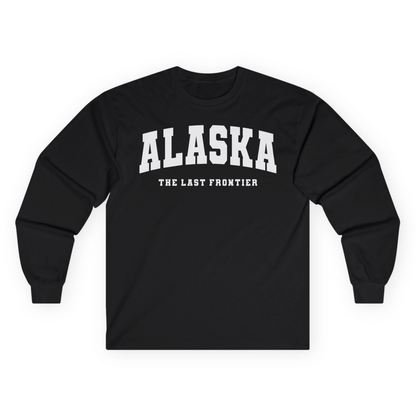Alaska The Last Frontier Bold Collegiate Vintage State Pride Shirt — Long Sleeve Long Sleeve Shirt – Black – Alaska Cruise Shirts