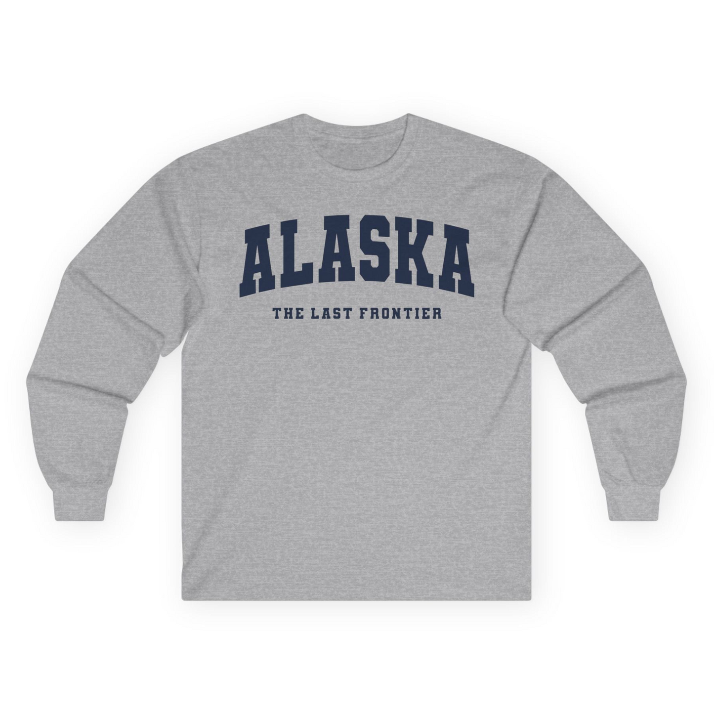 Alaska The Last Frontier Bold Collegiate Vintage State Pride Shirt — Long Sleeve Long Sleeve Shirt – Sport Grey – Alaska Cruise Shirts