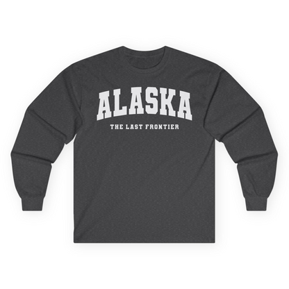 Alaska The Last Frontier Bold Collegiate Vintage State Pride Shirt — Long Sleeve Long Sleeve Shirt – Dark Heather – Alaska Cruise Shirts