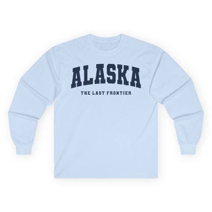 Alaska The Last Frontier Bold Collegiate Vintage State Pride Shirt — Long Sleeve Long Sleeve Shirt – Light Blue – Alaska Cruise Shirts