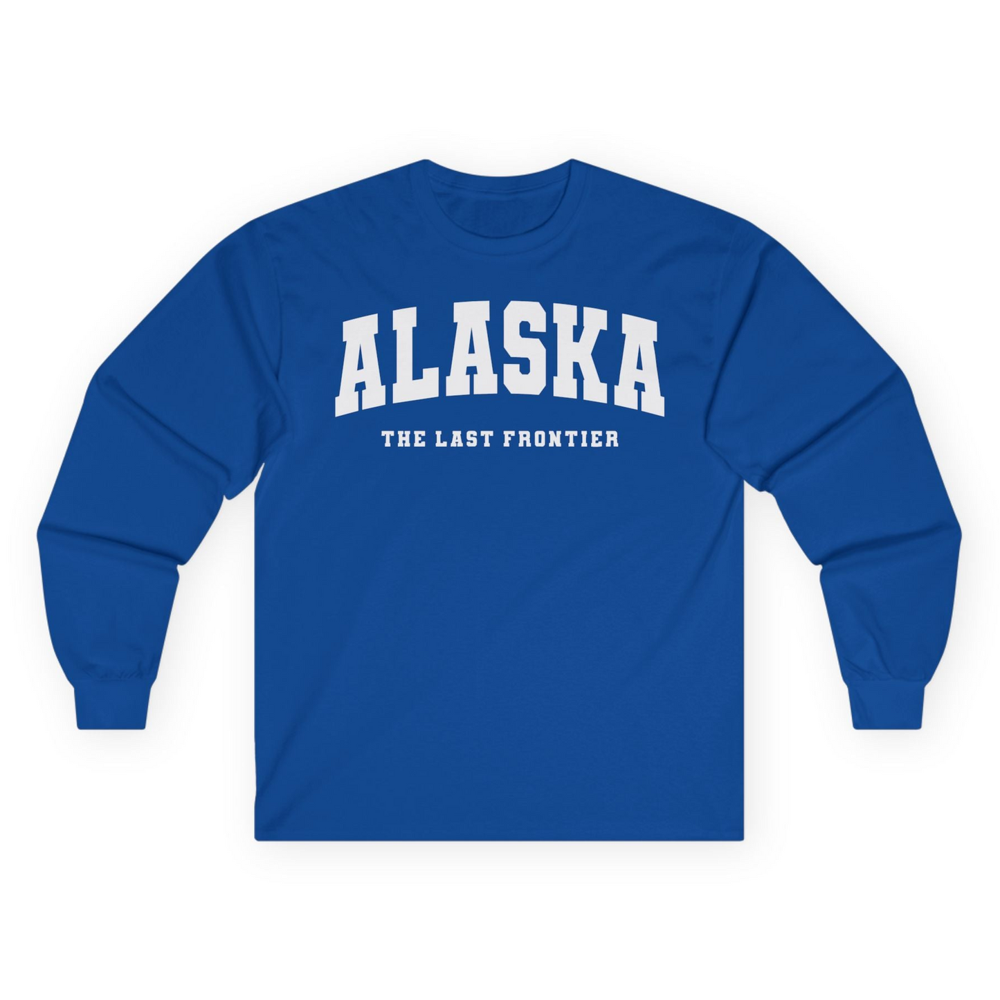 Alaska The Last Frontier Bold Collegiate Vintage State Pride Shirt — Long Sleeve Long Sleeve Shirt – Royal – Alaska Cruise Shirts