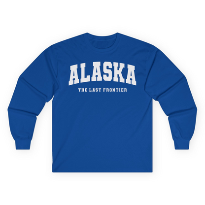 Alaska The Last Frontier Bold Collegiate Vintage State Pride Shirt — Long Sleeve Long Sleeve Shirt – Royal – Alaska Cruise Shirts