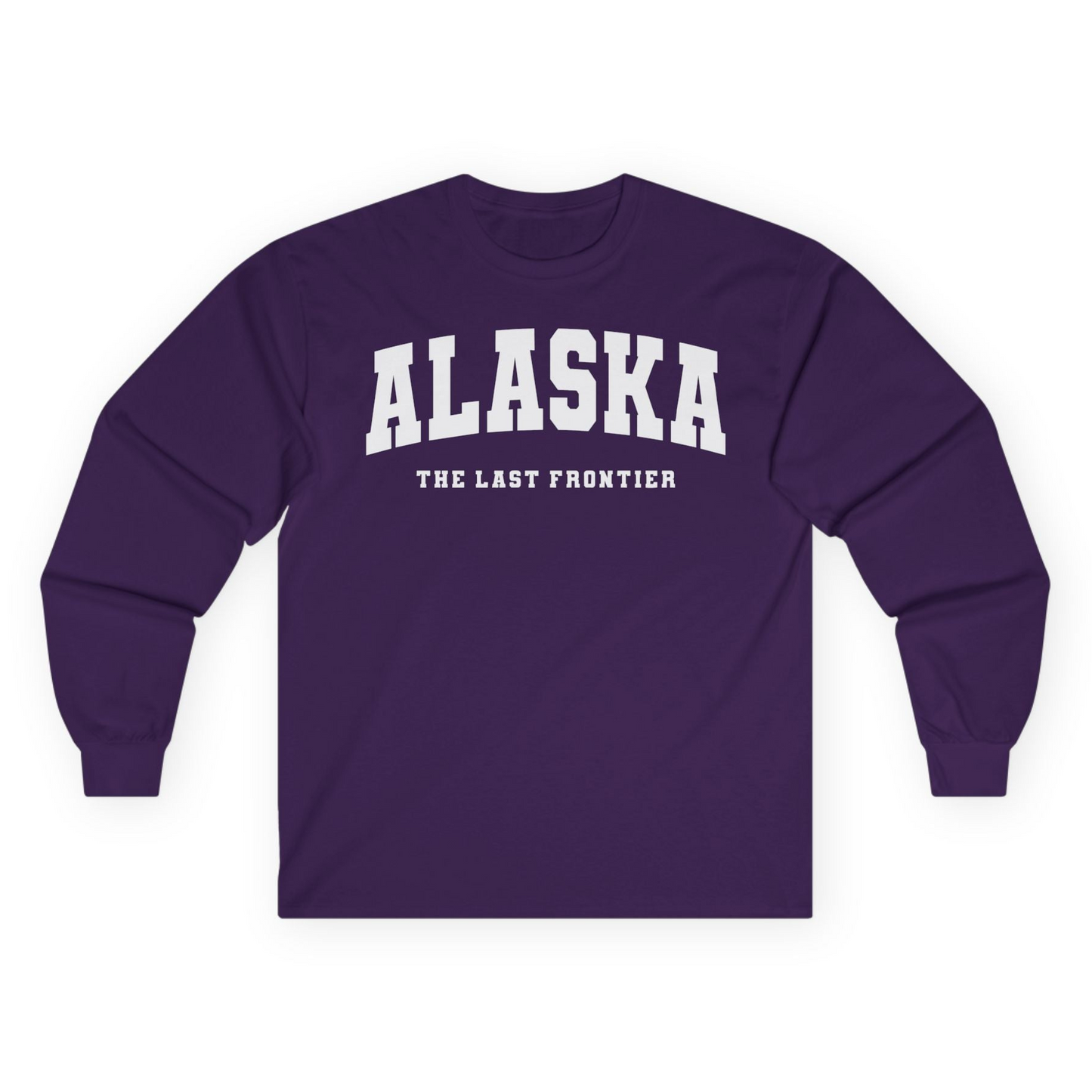 Alaska The Last Frontier Bold Collegiate Vintage State Pride Shirt — Long Sleeve Long Sleeve Shirt – Purple – Alaska Cruise Shirts