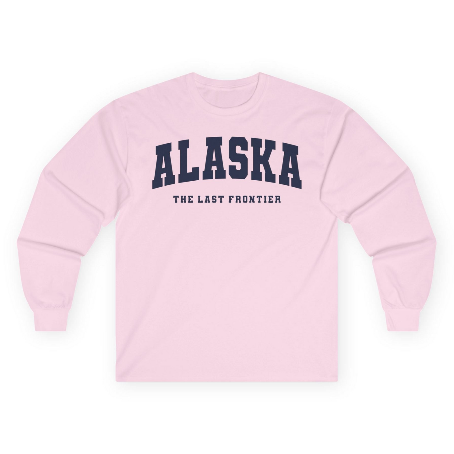 Alaska The Last Frontier Bold Collegiate Vintage State Pride Shirt — Long Sleeve Long Sleeve Shirt – Light Pink – Alaska Cruise Shirts