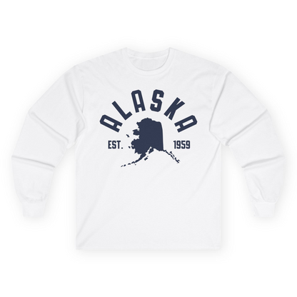 Vintage Alaska State Outline Est 1959 Retro Collegiate Shirt — Long Sleeve Long Sleeve Shirt – White – Alaska Cruise Shirts