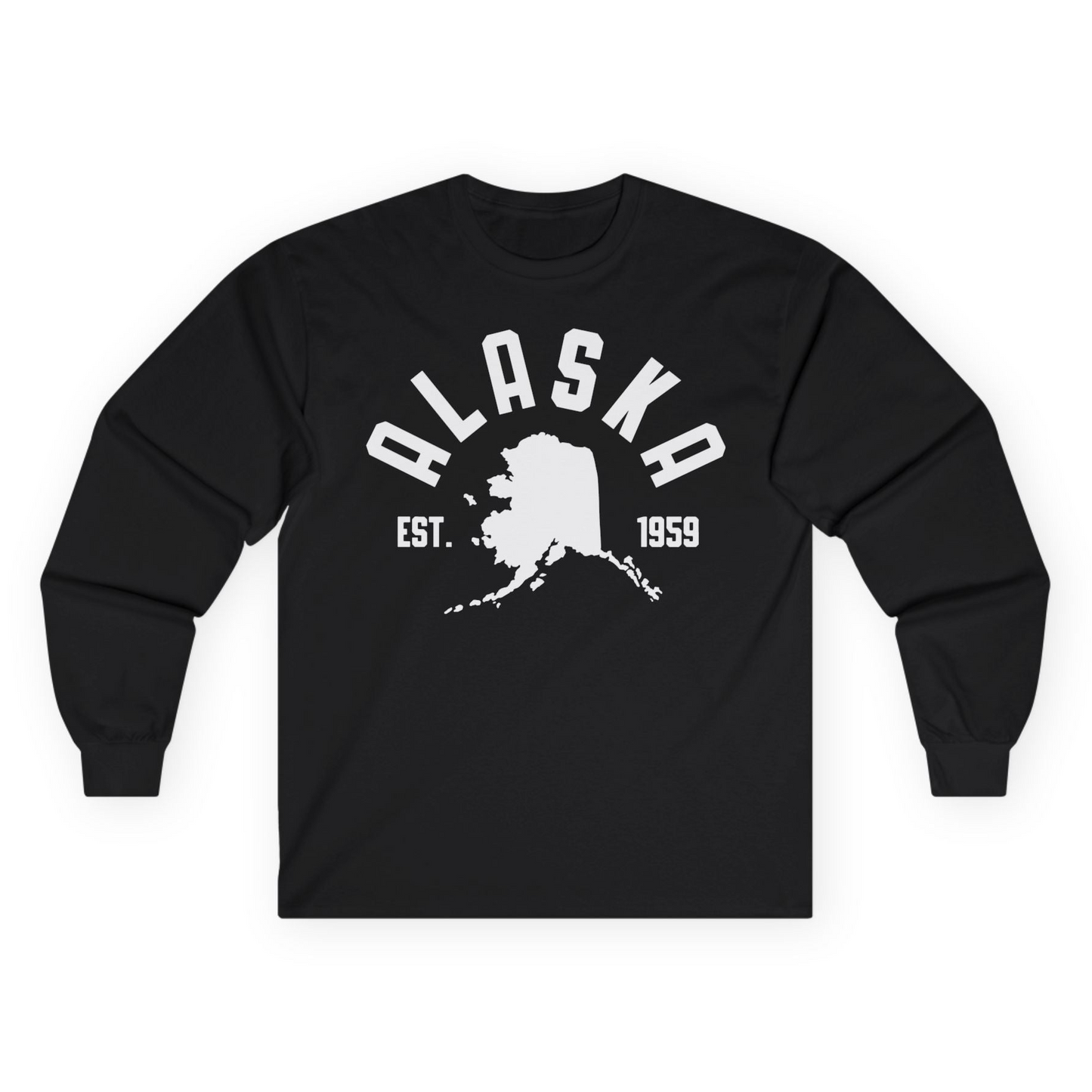 Vintage Alaska State Outline Est 1959 Retro Collegiate Shirt — Long Sleeve Long Sleeve Shirt – Black – Alaska Cruise Shirts