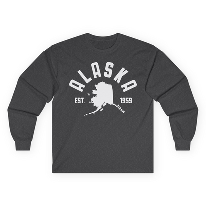 Vintage Alaska State Outline Est 1959 Retro Collegiate Shirt — Long Sleeve Long Sleeve Shirt – Dark Heather – Alaska Cruise Shirts