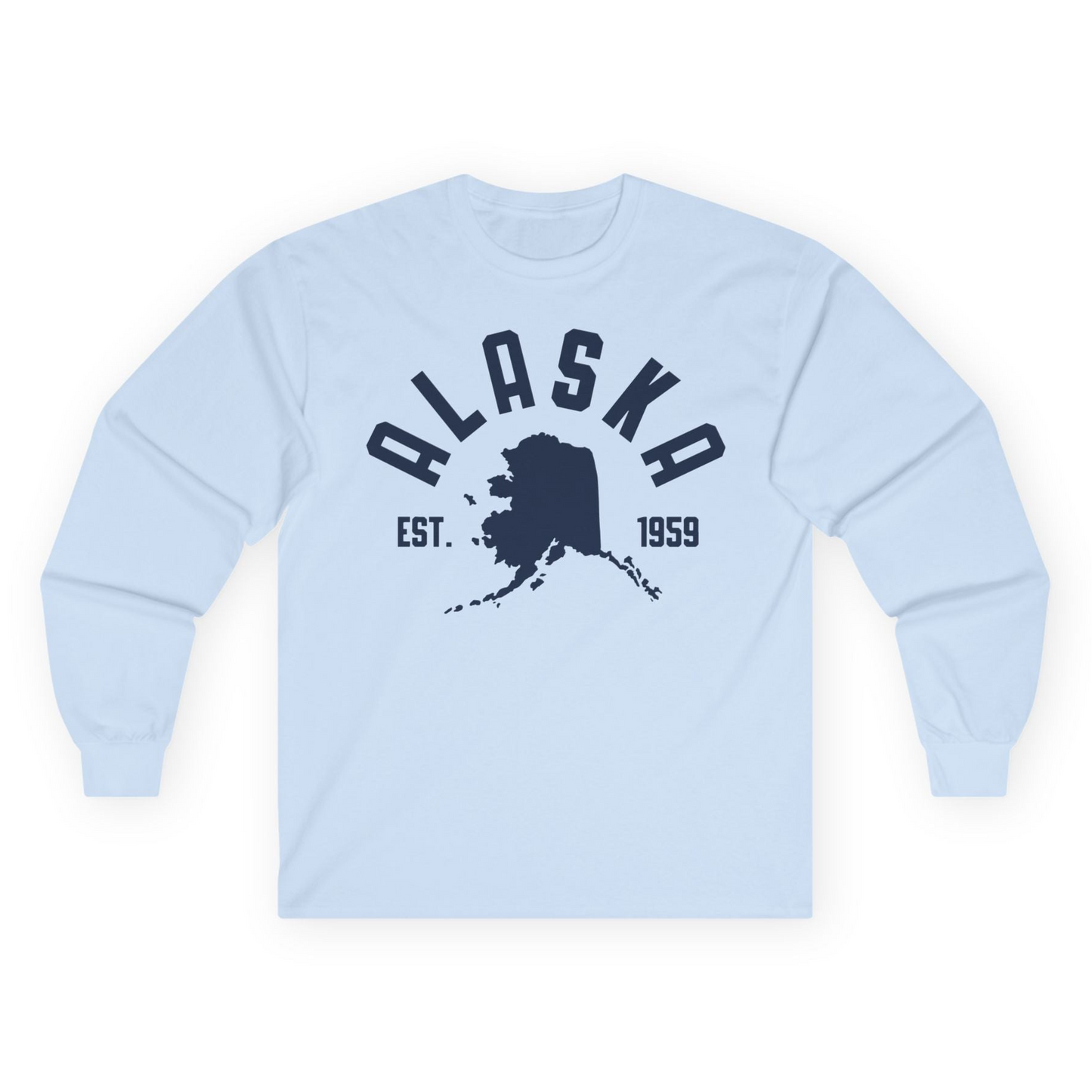 Vintage Alaska State Outline Est 1959 Retro Collegiate Shirt — Long Sleeve Long Sleeve Shirt – Light Blue – Alaska Cruise Shirts