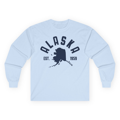 Vintage Alaska State Outline Est 1959 Retro Collegiate Shirt — Long Sleeve Long Sleeve Shirt – Light Blue – Alaska Cruise Shirts