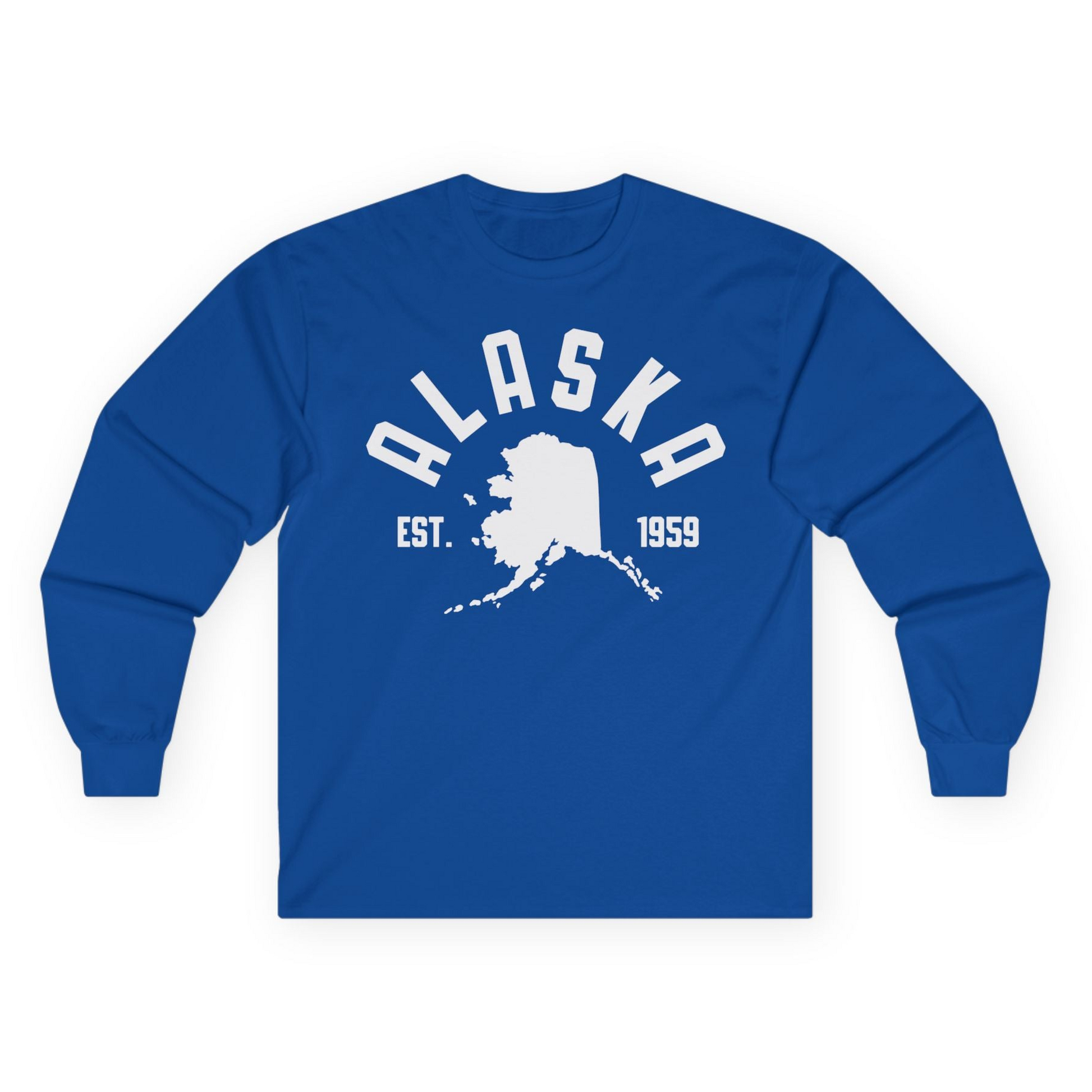 Vintage Alaska State Outline Est 1959 Retro Collegiate Shirt — Long Sleeve Long Sleeve Shirt – Royal – Alaska Cruise Shirts