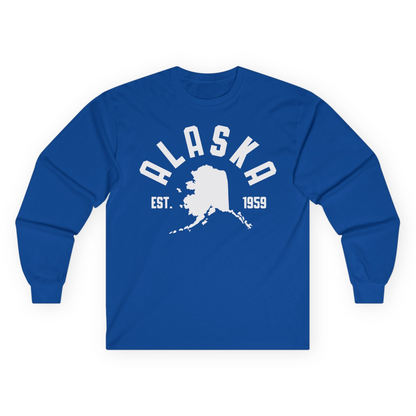 Vintage Alaska State Outline Est 1959 Retro Collegiate Shirt — Long Sleeve Long Sleeve Shirt – Royal – Alaska Cruise Shirts