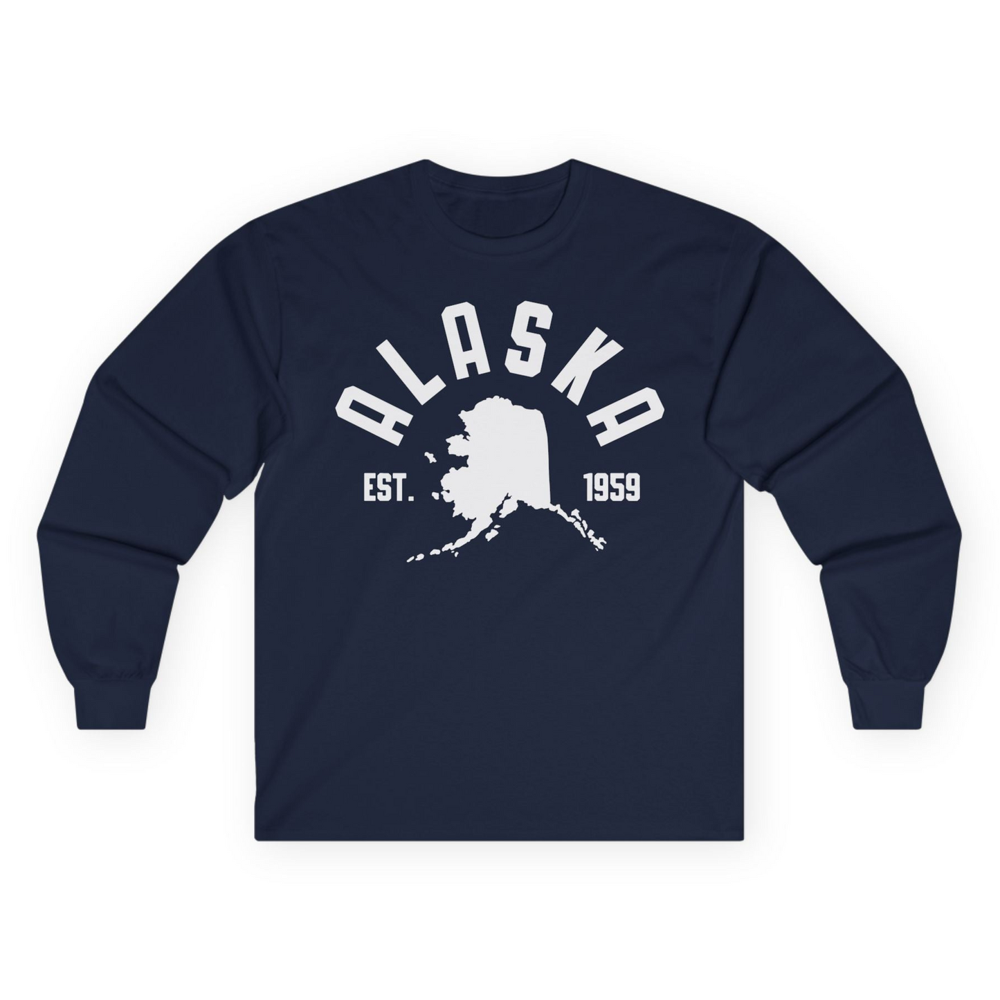 Vintage Alaska State Outline Est 1959 Retro Collegiate Shirt — Long Sleeve Long Sleeve Shirt – Navy – Alaska Cruise Shirts