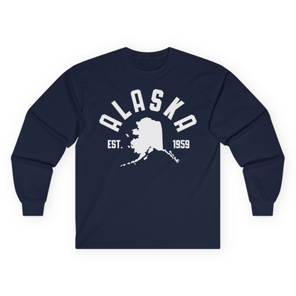 Vintage Alaska State Outline Est 1959 Retro Collegiate Shirt — Long Sleeve Long Sleeve Shirt – Navy – Alaska Cruise Shirts