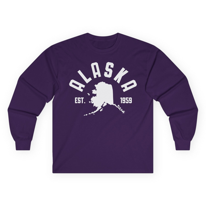 Vintage Alaska State Outline Est 1959 Retro Collegiate Shirt — Long Sleeve Long Sleeve Shirt – Purple – Alaska Cruise Shirts