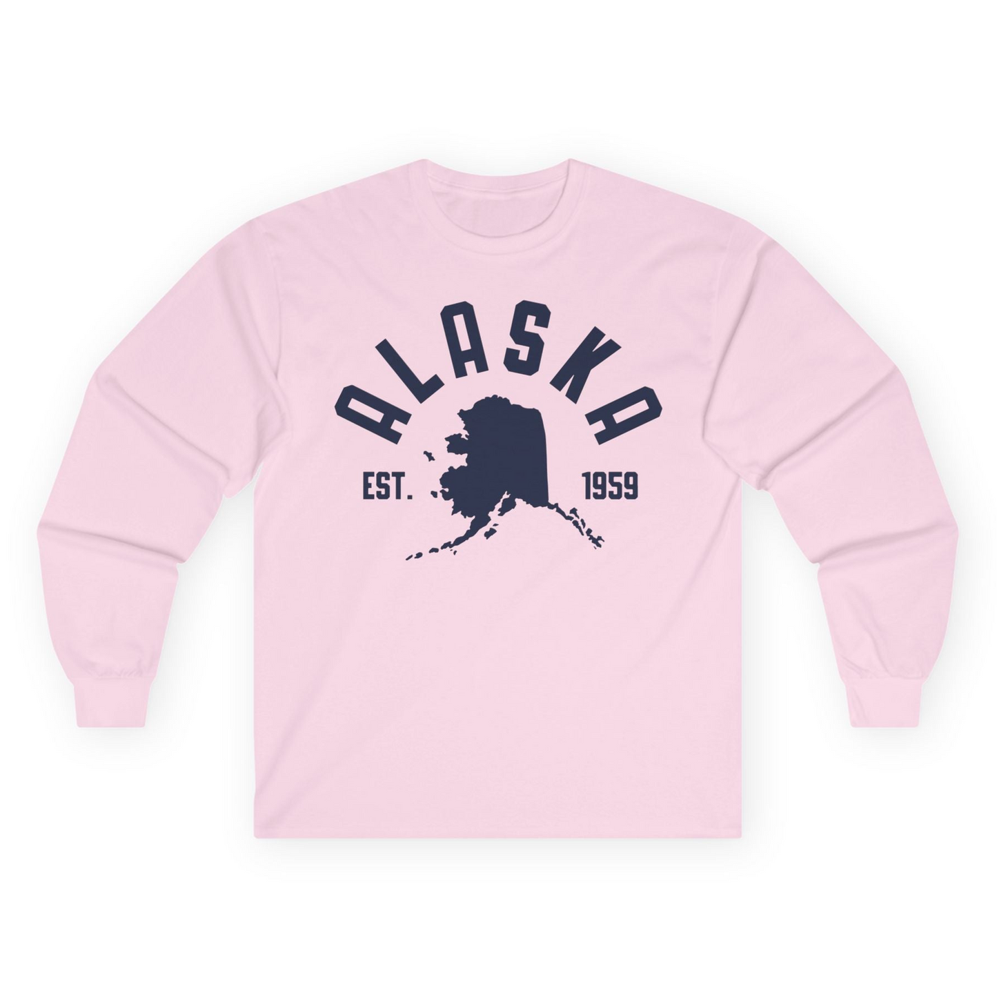 Vintage Alaska State Outline Est 1959 Retro Collegiate Shirt — Long Sleeve Long Sleeve Shirt – Light Pink – Alaska Cruise Shirts
