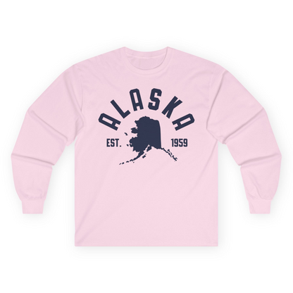 Vintage Alaska State Outline Est 1959 Retro Collegiate Shirt — Long Sleeve Long Sleeve Shirt – Light Pink – Alaska Cruise Shirts