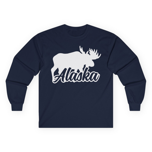 Alaska Moose Wildlife Silhouette Shirt Long Sleeve Shirt – Navy – Alaska Cruise Shirts