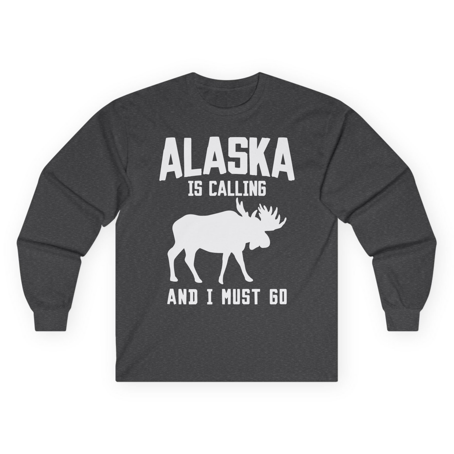 Alaska Is Calling Moose Silhouette Shirt Long Sleeve Shirt – Dark Heather – Alaska Cruise Shirts