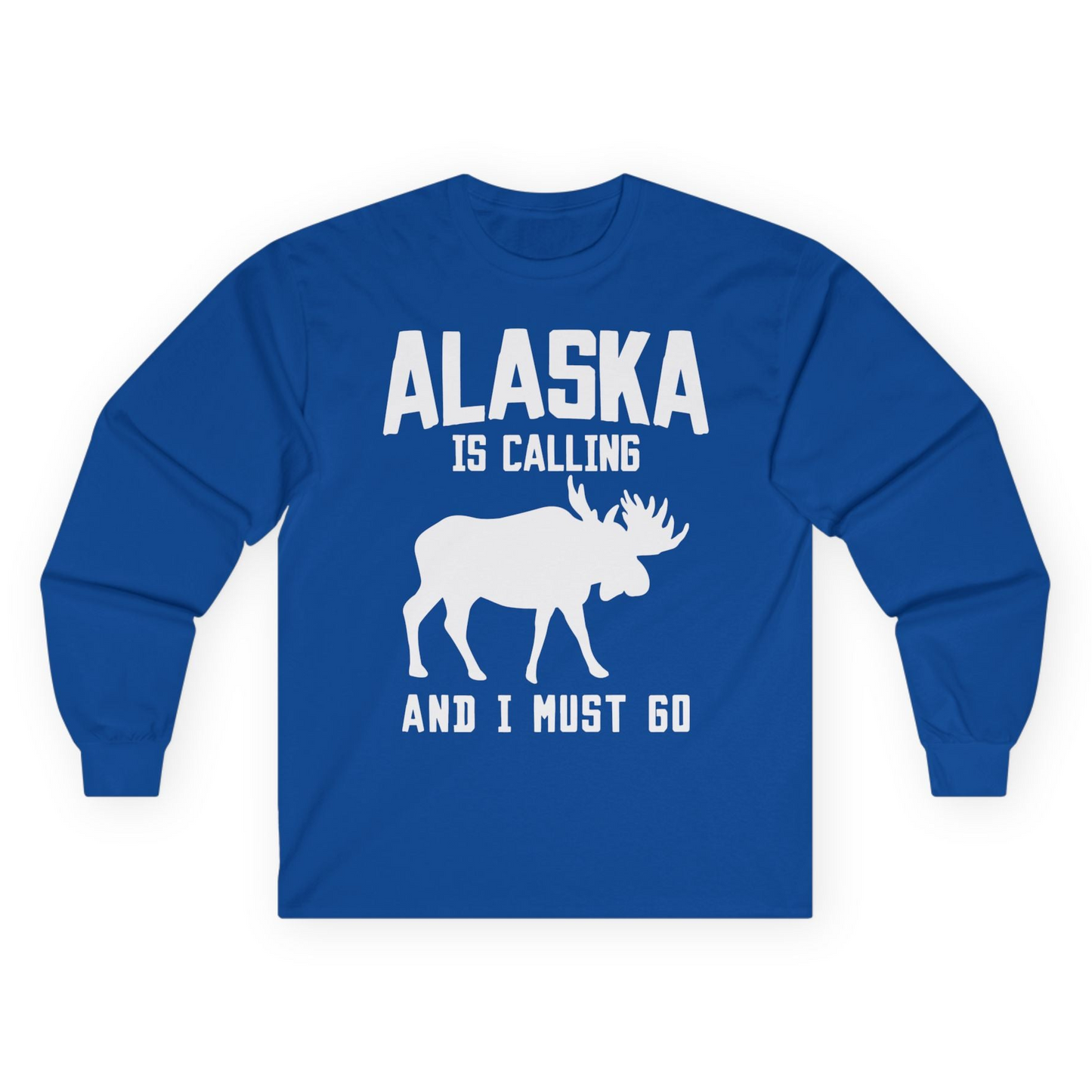Alaska Is Calling Moose Silhouette Shirt Long Sleeve Shirt – Royal – Alaska Cruise Shirts