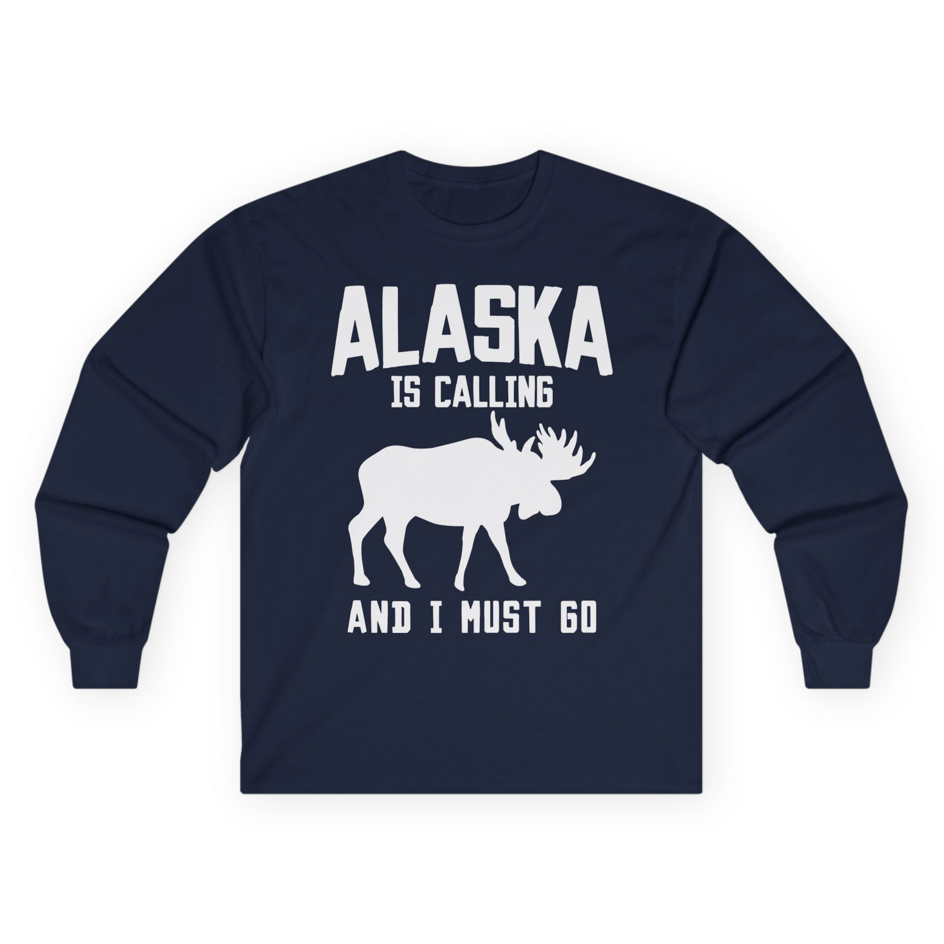 Alaska Is Calling Moose Silhouette Shirt Long Sleeve Shirt – Navy – Alaska Cruise Shirts
