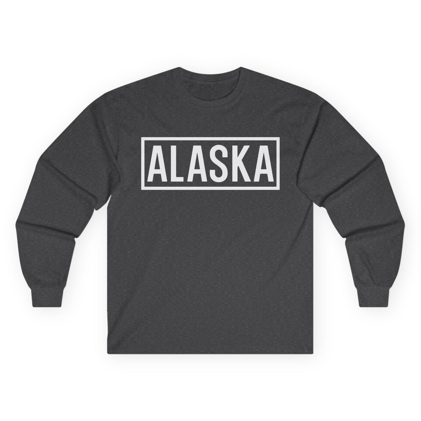 Alaska Bold Text Minimalist Monochrome Graphic Shirt for Travelers — Long Sleeve Long Sleeve Shirt – Dark Heather – Alaska Cruise Shirts