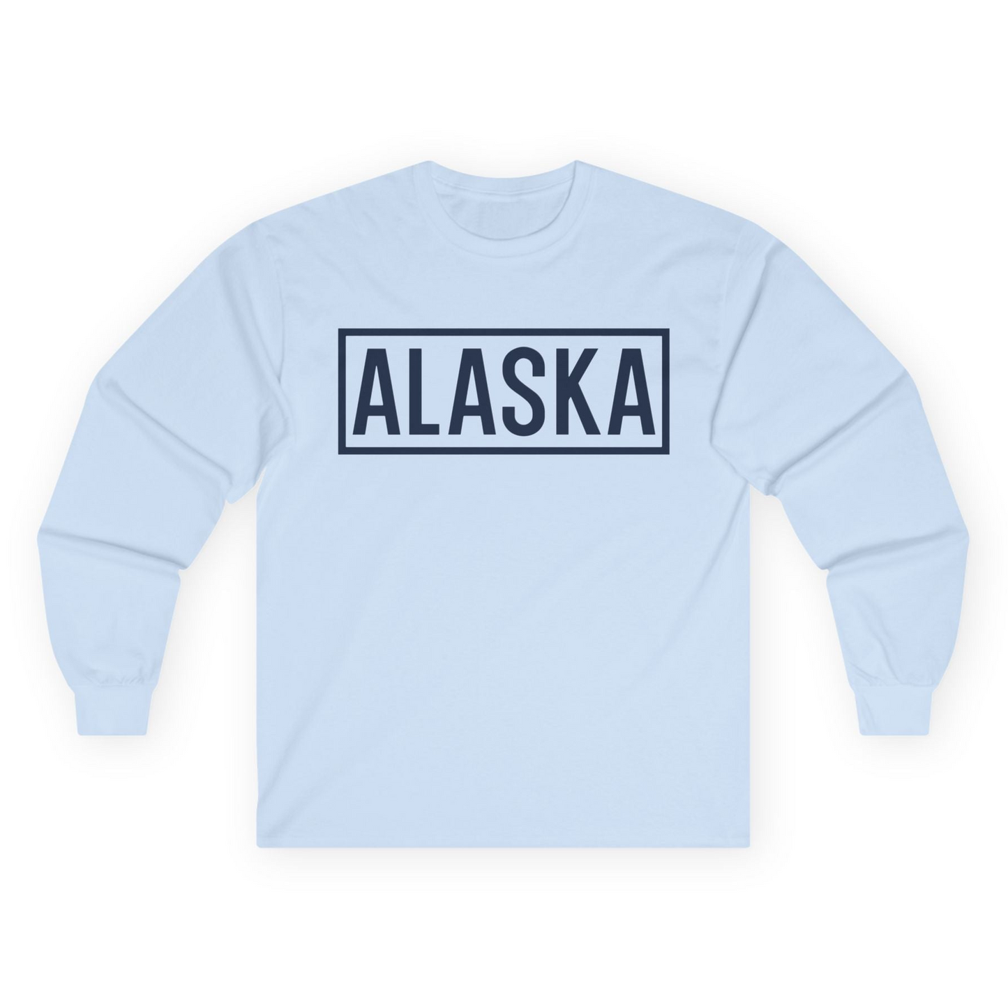 Alaska Bold Text Minimalist Monochrome Graphic Shirt for Travelers — Long Sleeve Long Sleeve Shirt – Light Blue – Alaska Cruise Shirts