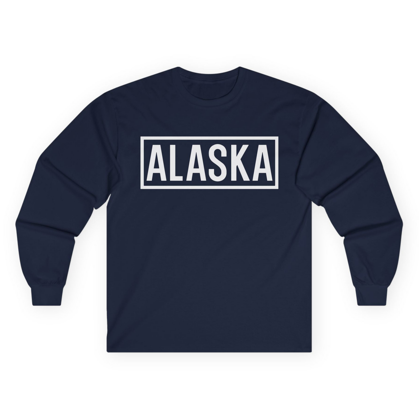 Alaska Bold Text Minimalist Monochrome Graphic Shirt for Travelers — Long Sleeve Long Sleeve Shirt – Navy – Alaska Cruise Shirts