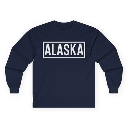 Alaska Bold Text Minimalist Monochrome Graphic Shirt for Travelers — Long Sleeve Long Sleeve Shirt – Navy – Alaska Cruise Shirts