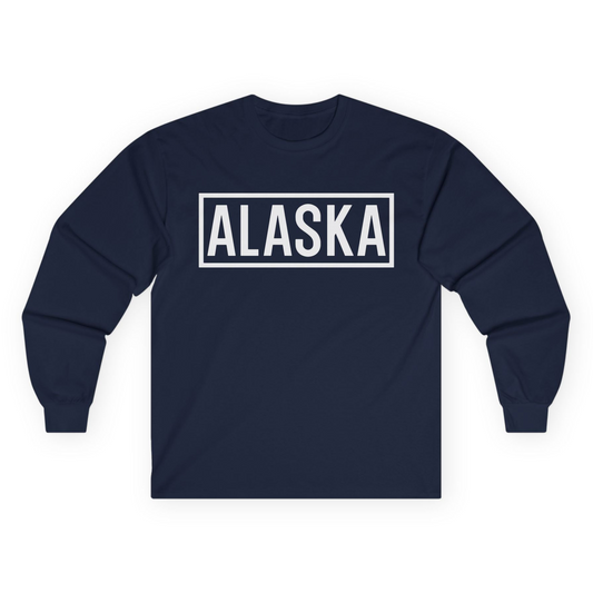 Alaska Bold Text Minimalist Monochrome Graphic Shirt for Travelers — Long Sleeve Long Sleeve Shirt – Navy – Alaska Cruise Shirts
