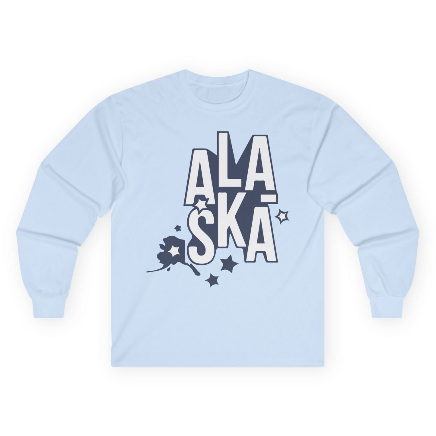 Alaska Stars Bold Typography Shirt Long Sleeve Shirt – Light Blue – Alaska Cruise Shirts