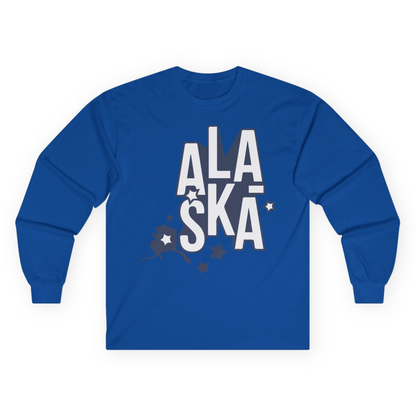 Alaska Stars Bold Typography Shirt Long Sleeve Shirt – Royal – Alaska Cruise Shirts