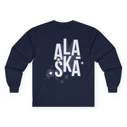 Alaska Stars Bold Typography Shirt Long Sleeve Shirt – Navy – Alaska Cruise Shirts