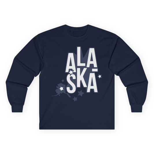 Alaska Stars Bold Typography Shirt Long Sleeve Shirt – Navy – Alaska Cruise Shirts