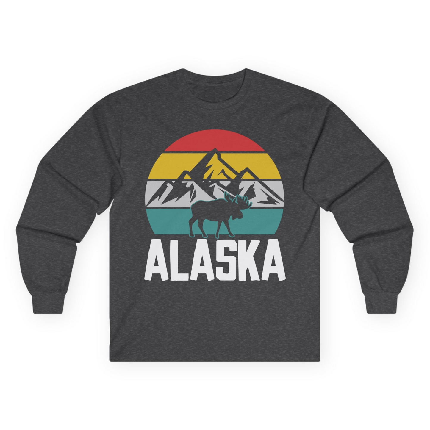 Retro Alaska Moose Silhouette Shirt Long Sleeve Shirt – Dark Heather – Alaska Cruise Shirts