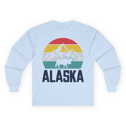 Retro Alaska Moose Silhouette Shirt Long Sleeve Shirt – Light Blue – Alaska Cruise Shirts