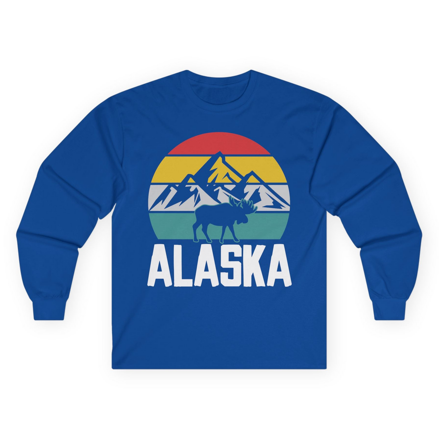 Retro Alaska Moose Silhouette Shirt Long Sleeve Shirt – Royal – Alaska Cruise Shirts
