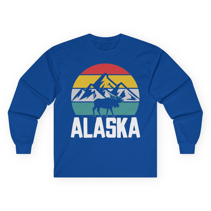 Retro Alaska Moose Silhouette Shirt Long Sleeve Shirt – Royal – Alaska Cruise Shirts
