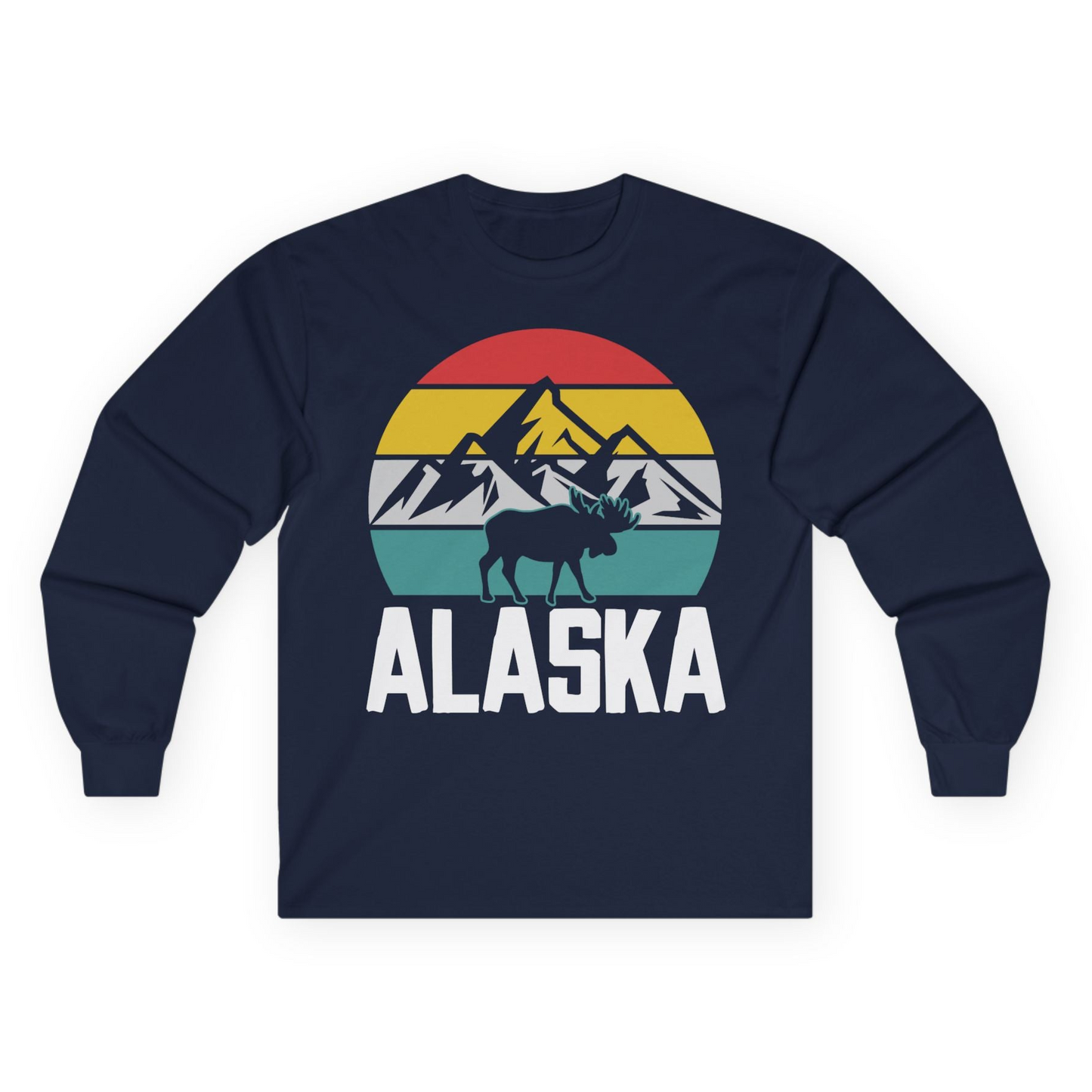 Retro Alaska Moose Silhouette Shirt Long Sleeve Shirt – Navy – Alaska Cruise Shirts
