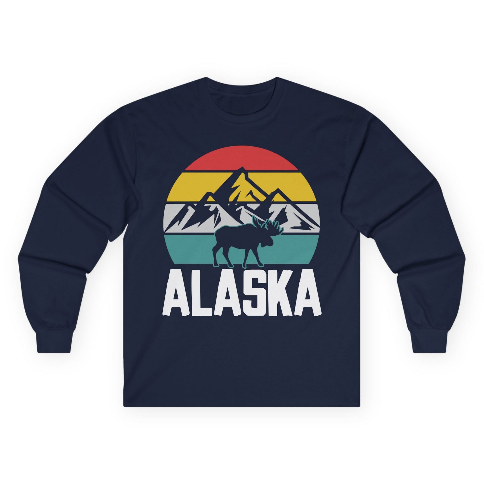 Retro Alaska Moose Silhouette Shirt Long Sleeve Shirt – Navy – Alaska Cruise Shirts