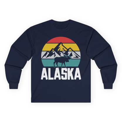 Retro Alaska Moose Silhouette Shirt Long Sleeve Shirt – Navy – Alaska Cruise Shirts